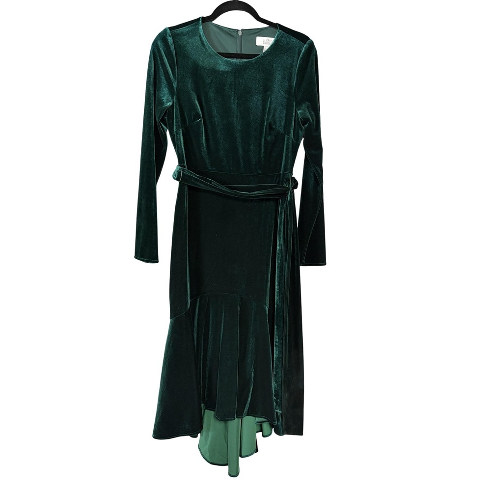 Belle Badgley Mischka Velvet Dress Womens 6 Green Long Sleeve High Low Formal Go